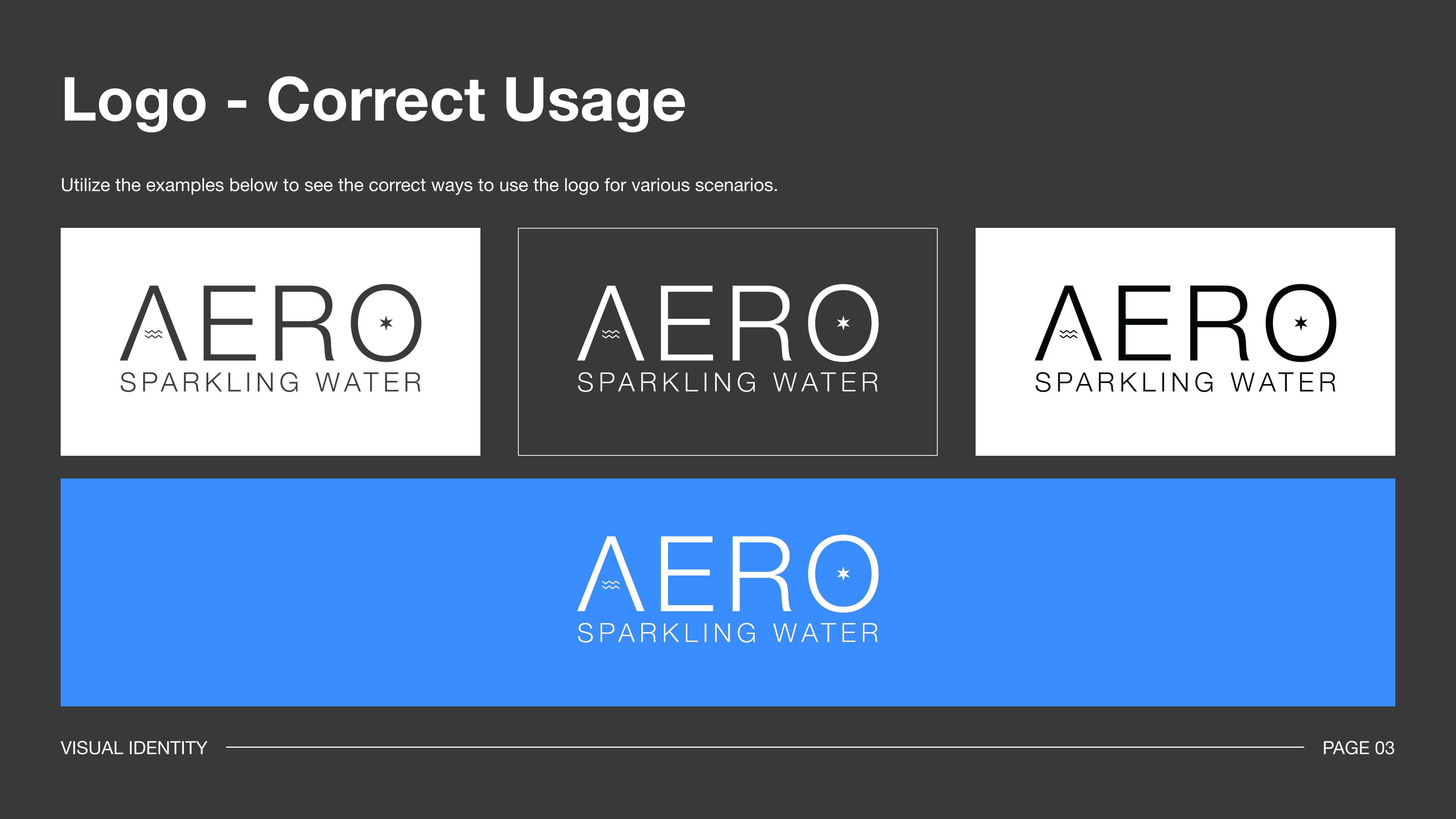Logo correct usage slide of Aero Sparkling Water brand guidelines