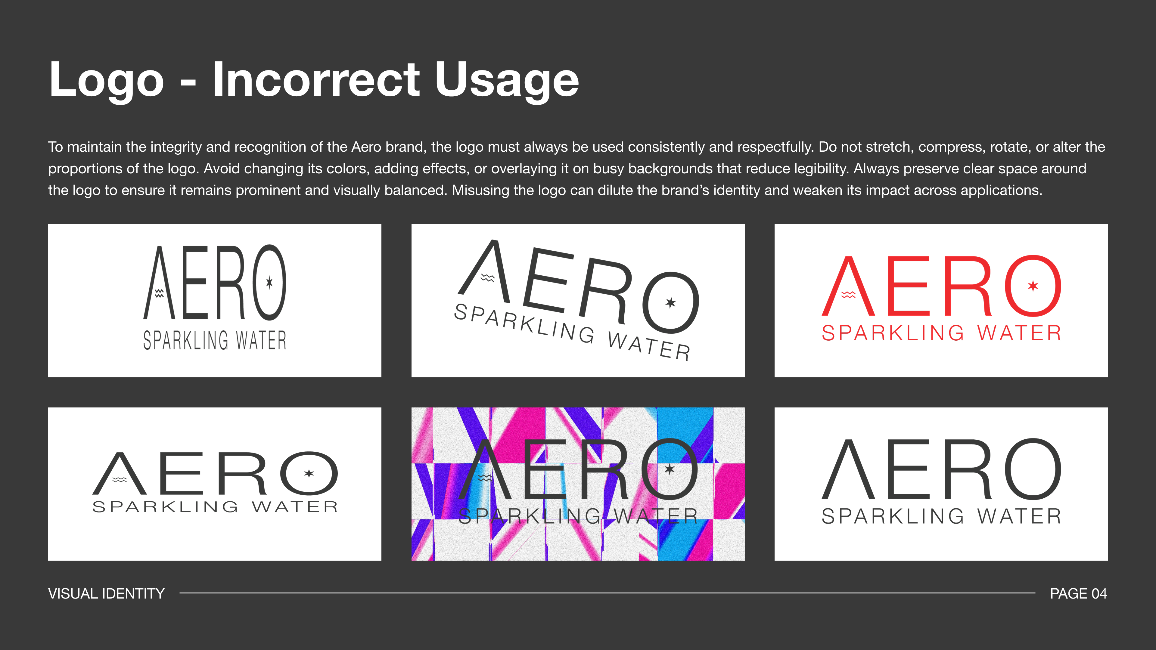 Logo incorrect usage slide of Aero Sparkling Water brand guidelines