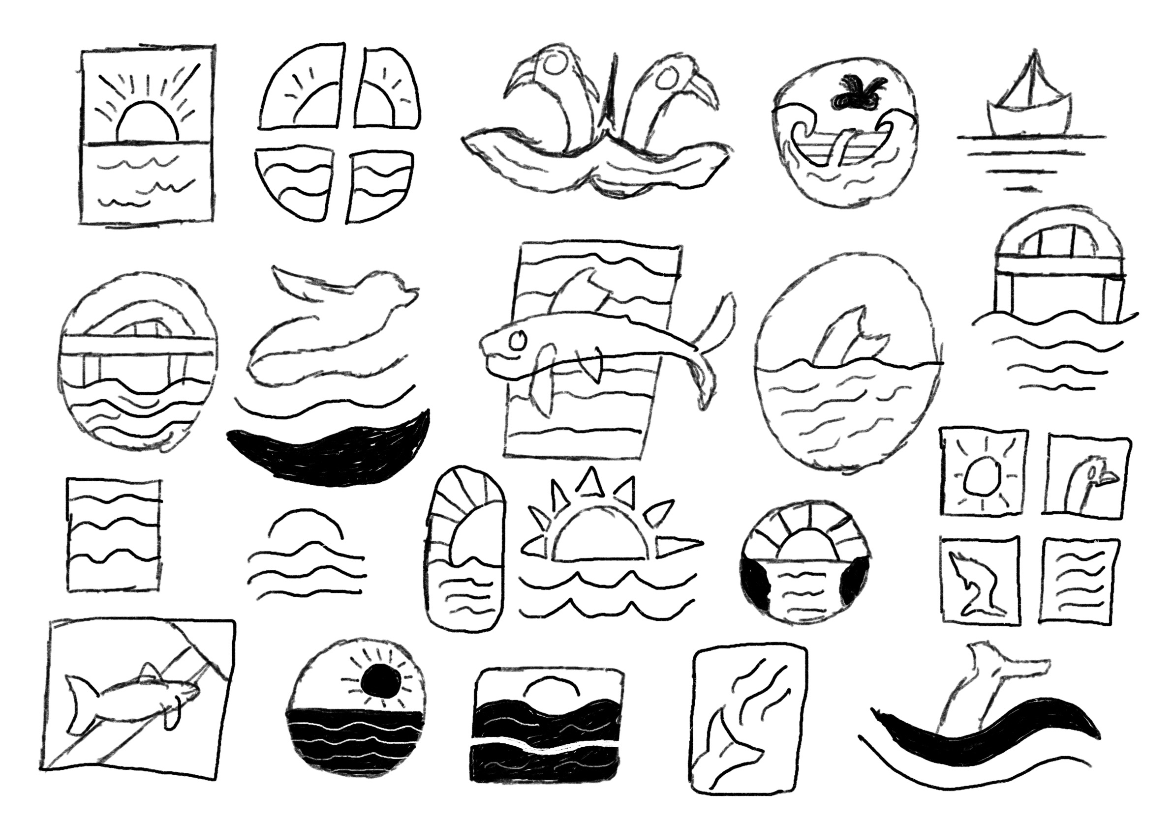 Page 1 of sketches for my design process of designing the branding for the Bay of Green Bay NERR