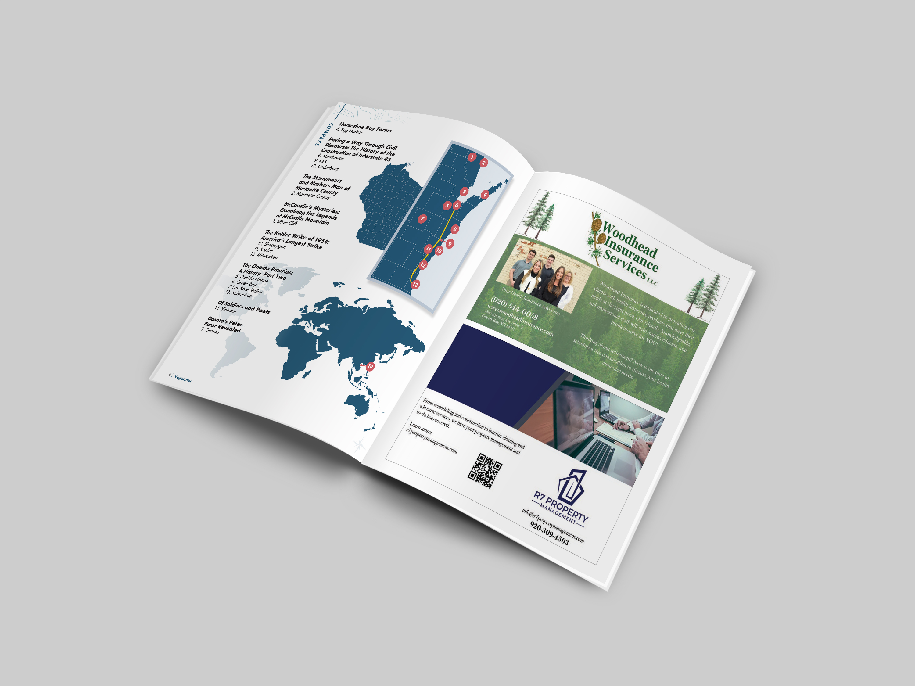 Mockup of the compass page for the summer/fall 2025 issue of Voyageur Magazine